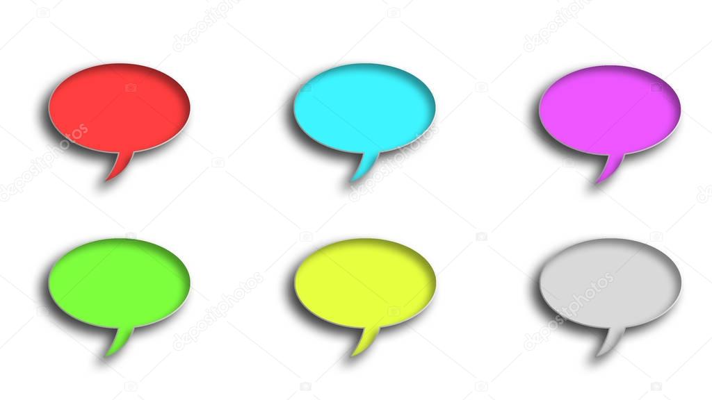 Six 3D dialogue clouds in different colors on a white background