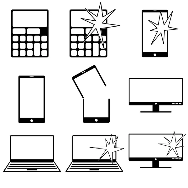 Различные иконки, связанные с компьютером с нормальным и неисправным состоянием — стоковое фото