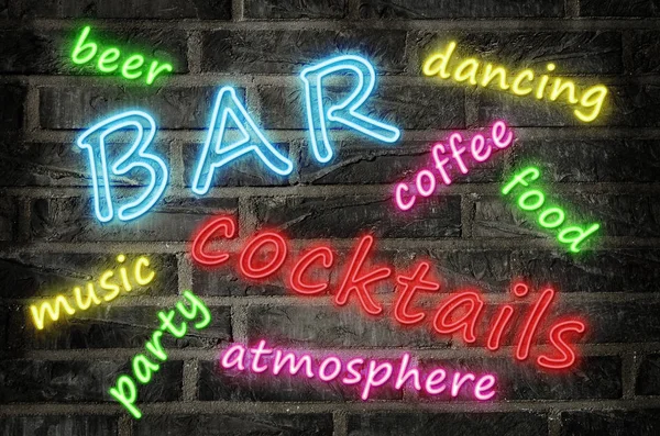 neon sign word cloud illustration with words in different colors describing a cocktail night bar