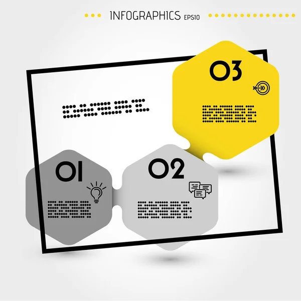 Gelbe sechseckige Infografik-Vorlage mit drei Schritten — Stockvektor