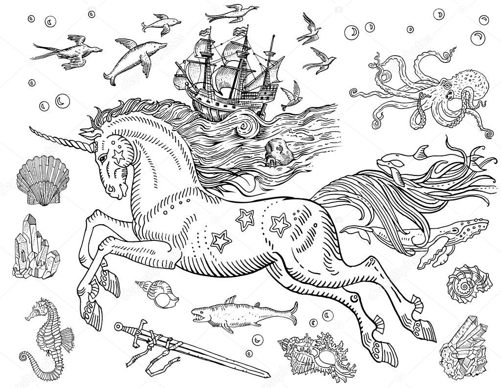 Magic sea unicorn, old ship, whales, dolphins, fish, octopus, shell, drowned sword, crystals, stars, sea horse, water bubbles. Hand drawn vintage style line art, coloring book page, postcard, tattoo.