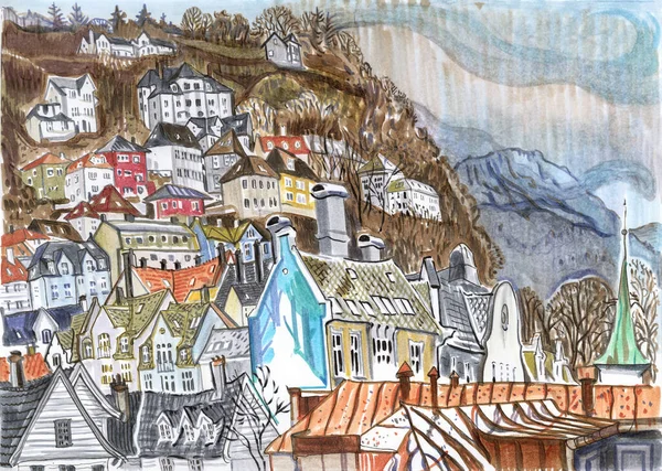 Dibujo de paisaje urbano de Bergen en un día lluvioso. Montañas, casas tradicionales de madera con techos de baldosas, arquitectura histórica. Hordaland, Noruega. Marcadores de estilo dibujado a mano ilustración . —  Fotos de Stock