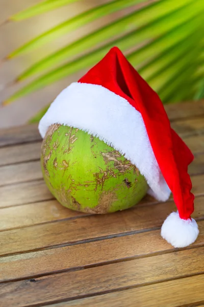 Foto tropicale di cocco in Natale foglie di palma cappello rosso — Foto Stock