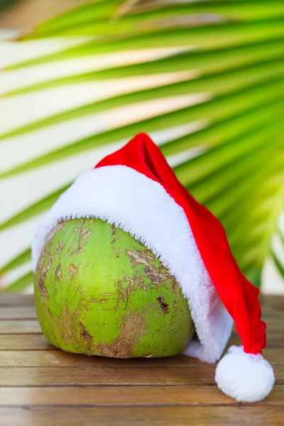 Foto tropicale di cocco in Natale foglie di palma cappello rosso — Foto Stock