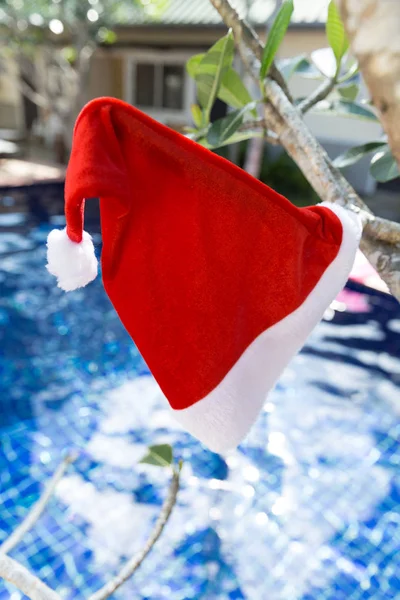 Natale Babbo Natale cappello sul bordo della piscina — Foto Stock