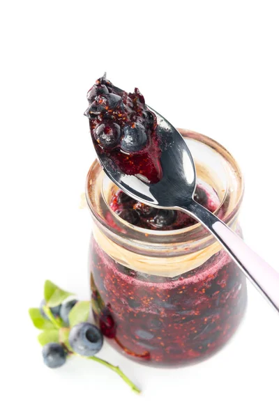 Fresh blueberry homemade jam on white background — Stock Photo, Image
