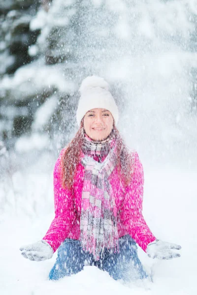Happy winter women in park snow Christmas lights — Stock Photo, Image