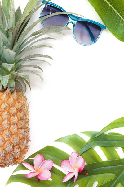 Tropikal üstten görünüm yaz botanik kavramı natürmort güneş gözlüğü — Stok fotoğraf
