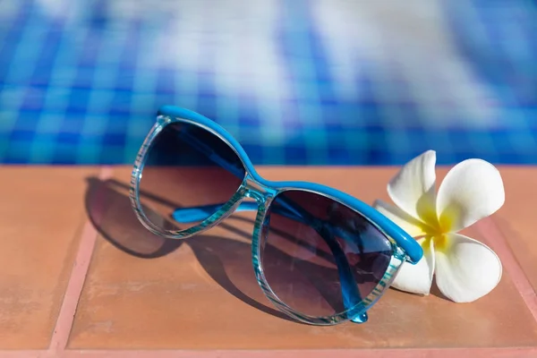 Gafas de sol azules con plumeria, flor de frangipani en el borde de un — Foto de Stock