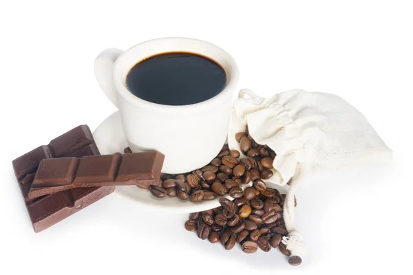 Coffee with beans and chocolate on white — Stock Photo, Image