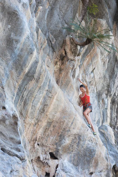Młoda kobieta lekkoatletycznego slim, wspinaczka na skale — Zdjęcie stockowe