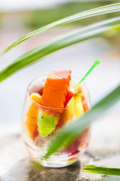 Verre de salade de fruits exotiques tropicaux — Photo