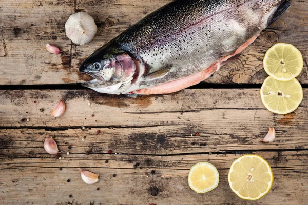 Verse forel vissen met kruiden op hout — Stockfoto