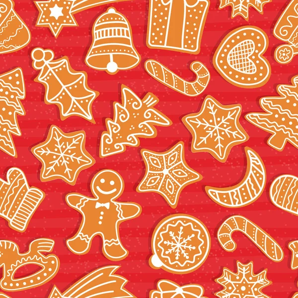 ジンジャーブレッドクッキーとベクトルクリスマスシームレスパターン。冬の休暇のためのお祭りのベーキング。ジンジャーブレッドの男性とクリスマスツリー、星、鐘、家、杖、心臓、ボール、三日月、プレゼント、ミステリー. — ストックベクタ