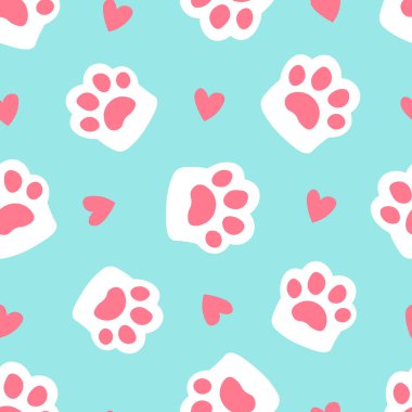 Pençe izsiz ayak izi ve kalp. Mavi arka planda şirin kedi pençesi. Basit çizgi film düz biçim vektör çizimi.