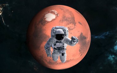 Mars. Güneş Sistemi 'nin kızıl gezegeninin önündeki astronot. Bilim kurgu