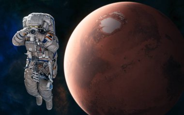 Mars 'ın arka planında bir astronot. Güneş sisteminin kızıl gezegeni. Bilim kurgu