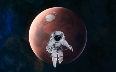 Mars'ın arka planında astronot. Güneş sistemi. Bilim kurgu