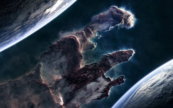 Planeten auf dem Hintergrund der Säulen der Schöpfung. Weltraum. Science Fiction — Stockfoto