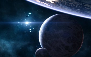 Bir yıldız kümesinin mavi ışınlarıyla uzayın derinliklerindeki gezegenler. Bilim kurgu
