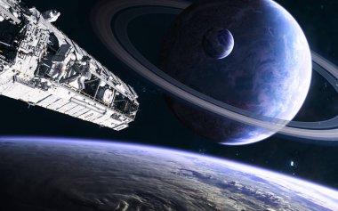 Halkaları ve uyduları olan bir gezegen. Derin uzay gezegeninin yörüngesindeki uzay istasyonu. Bilim kurgu