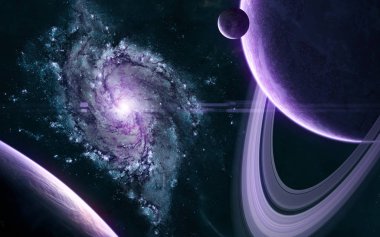 Beautiful cosmic landscape. Planets in purple light of galaxy somewhere in deep space. Science fiction clipart