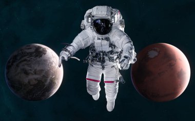 Mars ve Dünya 'nın arka planında bir astronot. Güneş sistemi. 3 boyutlu görüntüleme. Bilim kurgu