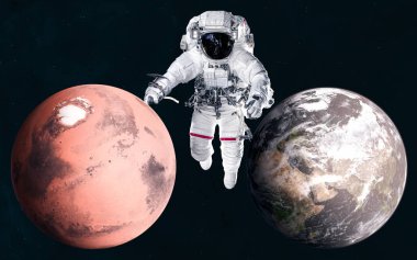 Mars ve Dünya astronotların arka planında. Güneş sistemi. 3 boyutlu görüntüleme. Bilim kurgu