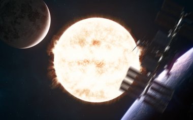 Güneşi. Güneş sistemi. Dünya gezegeni, ay, bulanık uzay istasyonu