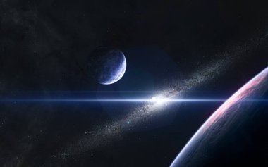 Galaksi diskinin arka planındaki gezegenler mavi ışıkta. Derin boşluk