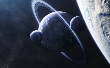 Mavi ışıkta uzayın derinliklerindeki gezegenler