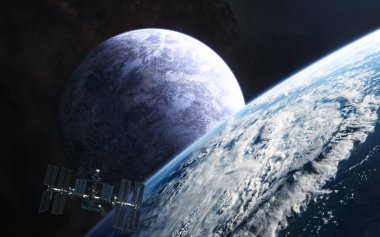 Uzayın derinliklerindeki gezegenler. Dış gezegenin yörüngesindeki uzay istasyonu