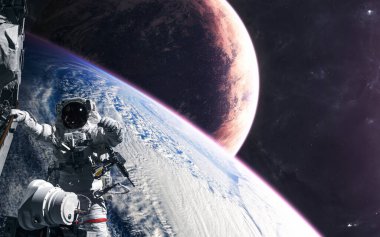 Astronaut in orbit of a planet somewhere in deep space