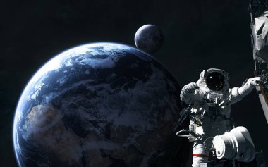 Dünya gezegeni. Ay. Astronot. Güneş sistemi. Üç boyutlu çizim. Bilim kurgu. Bu görüntünün elementleri NASA tarafından desteklenmektedir