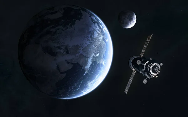 太陽の暖かい光の中で 地球と月の背景にある宇宙ステーション 太陽系だ3Dレンダリング Sfだこの画像の構成要素はNasa社製 — ストック写真
