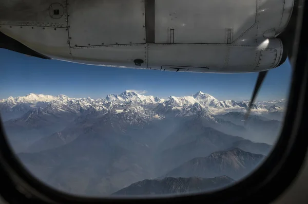 Everest Peak Himalája Everest Hegység Panoráma Kilátás Sík Ablakon — Stock Fotó