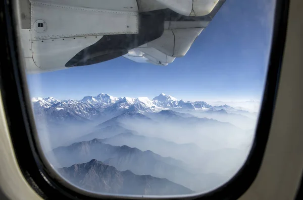 Everest Peak Himalaya Everest Hegyvonulat Panoráma Síkablakon Keresztül Himalája Hegység — Stock Fotó