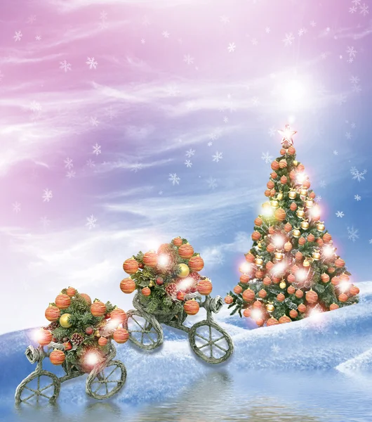 Nieuwjaarskaart. Kerstboom die versierd met kleurrijke speelgoed. — Stockfoto