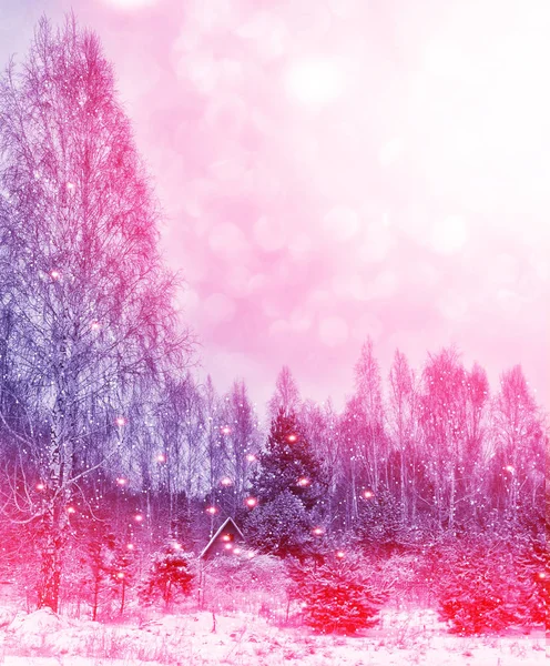 Dorf im Winter schneebedeckten Wald. Urlaubsausweis. — Stockfoto