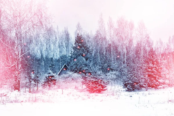 Village in winter snow covered forest. Holiday card.