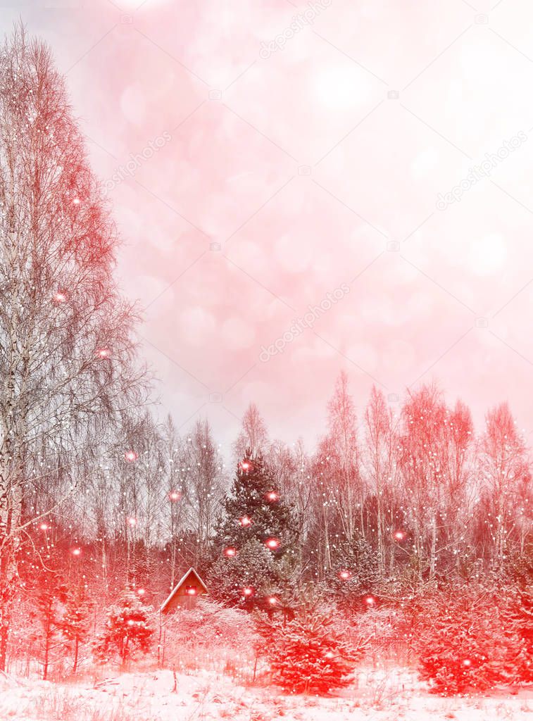 Village in winter snow covered forest. Holiday card.