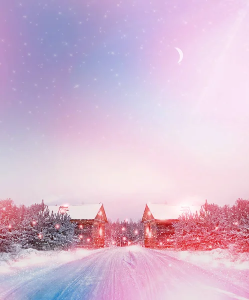 Village in winter snow covered forest. Holiday card. — Stock Photo, Image