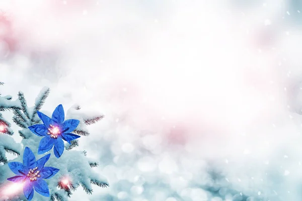 Árboles cubiertos de nieve. Composición navideña festiva. Tarjeta . — Foto de Stock