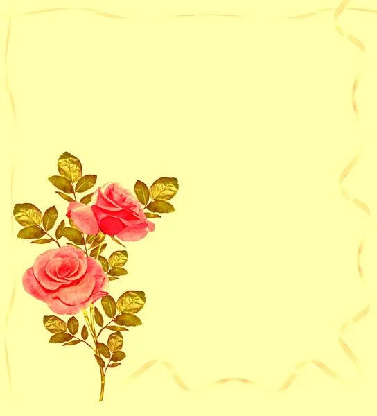 Ein Zweig leuchtend bunter Rosen blüht. Urlaubskarte. — Stockfoto
