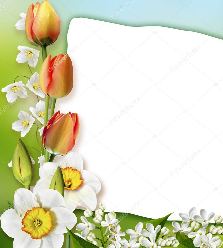 Holiday Spring card. Floral background. Bright colorful flowers.