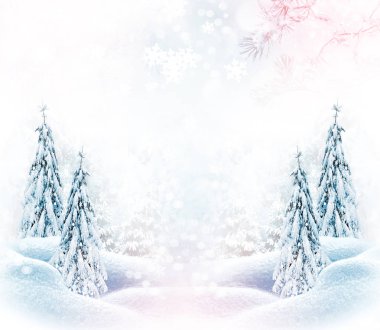  Karla kaplı ağaçlarla donuk kış ormanı.