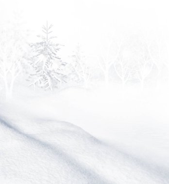  Karla kaplı ağaçlarla donuk kış ormanı.