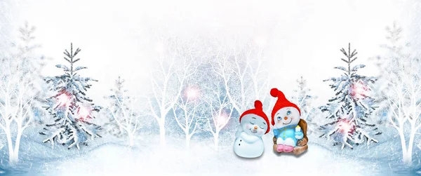 Happy snowman on a winter landscape background. — Stock Photo, Image