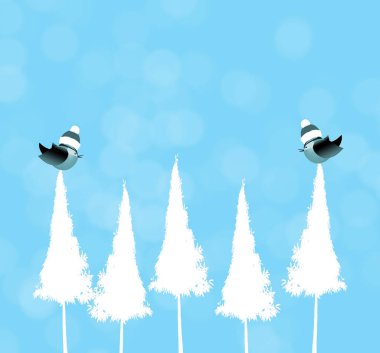  Karla kaplı ağaçlarla donuk kış ormanı.