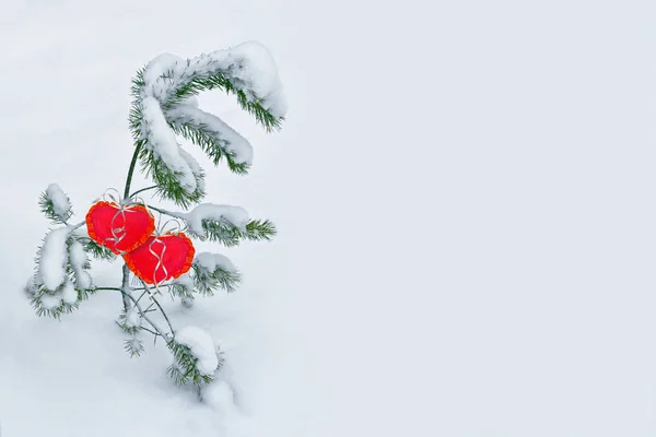 Árbol cubierto de nieve. Fondo festivo de invierno. Dos corazones . — Foto de Stock